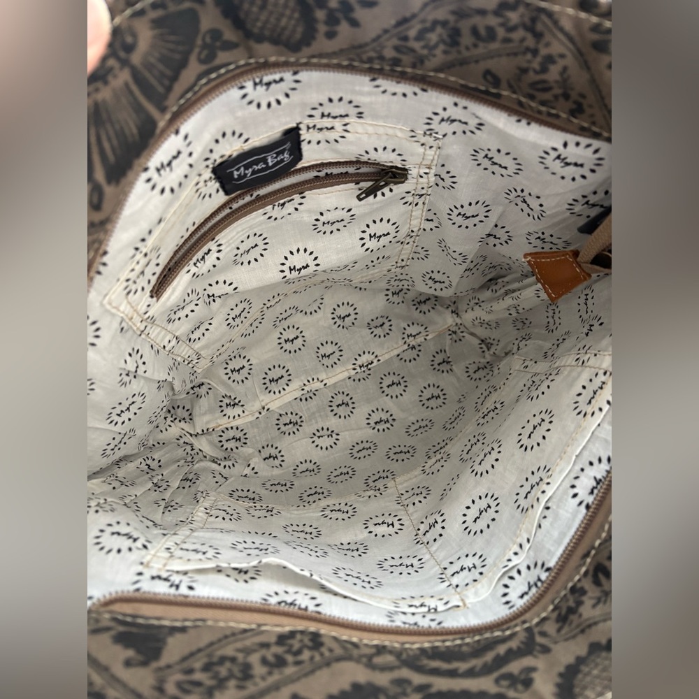 Myra Bag Grey & Blue Patterned Tote with Hair-On Trim - Picture 3 of 15